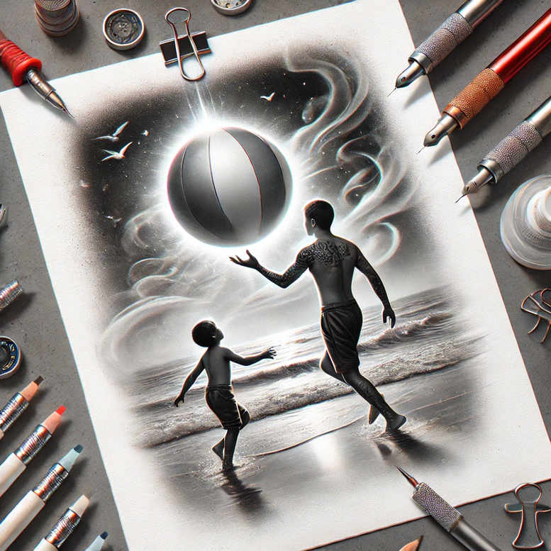Man and child in black and grey grayscale on a beach, reaching toward a glowing orb; AI-generated tattoo project; cover-up suitable.