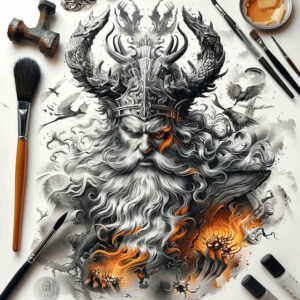 Bearded mythic man with a horned helmet in black and grey, orange flames, and art tools nearby; cover-up-ready tattoo project.