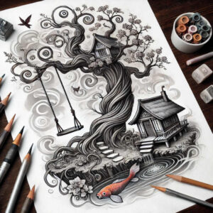 Tree with a twisted trunk and branches supporting a house, a hanging swing, an orange koi in a pond, a stair, and flowers; all in black and grey; a cover-up project.