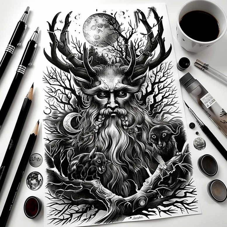 Stag-headed figure with antlers and beard, wolves on gnarly branches, and a full moon; black and grey tattoo design, AI-generated, ideal for a cover-up.