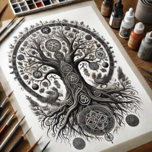 Black and grey tree of life with medallion circles, birds, roots and circular rings; a tattoo design concept suitable for a cover-up.
