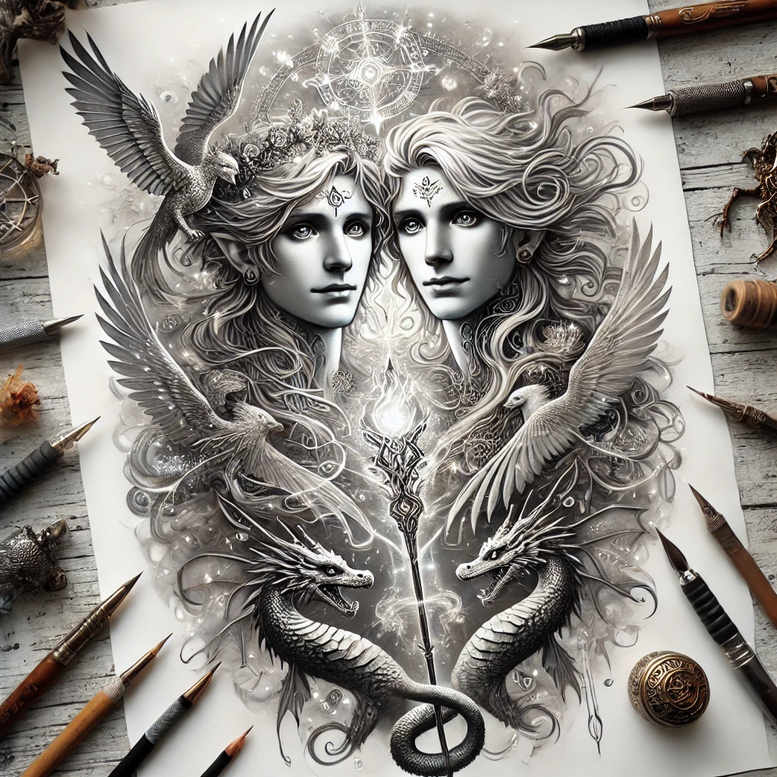 Black and grey tattoo design concept showing two female faces with wings, a coiling snake between them and a glowing orb; cover-up suitable, project idea.