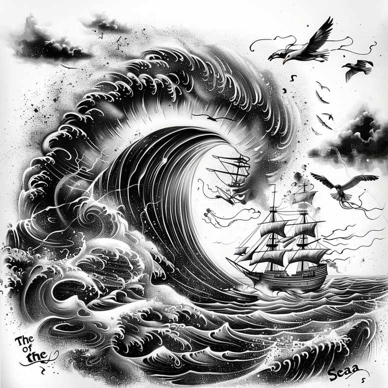Black and grey wave tattoo design with ship and birds; cover-up friendly pattern project idea.