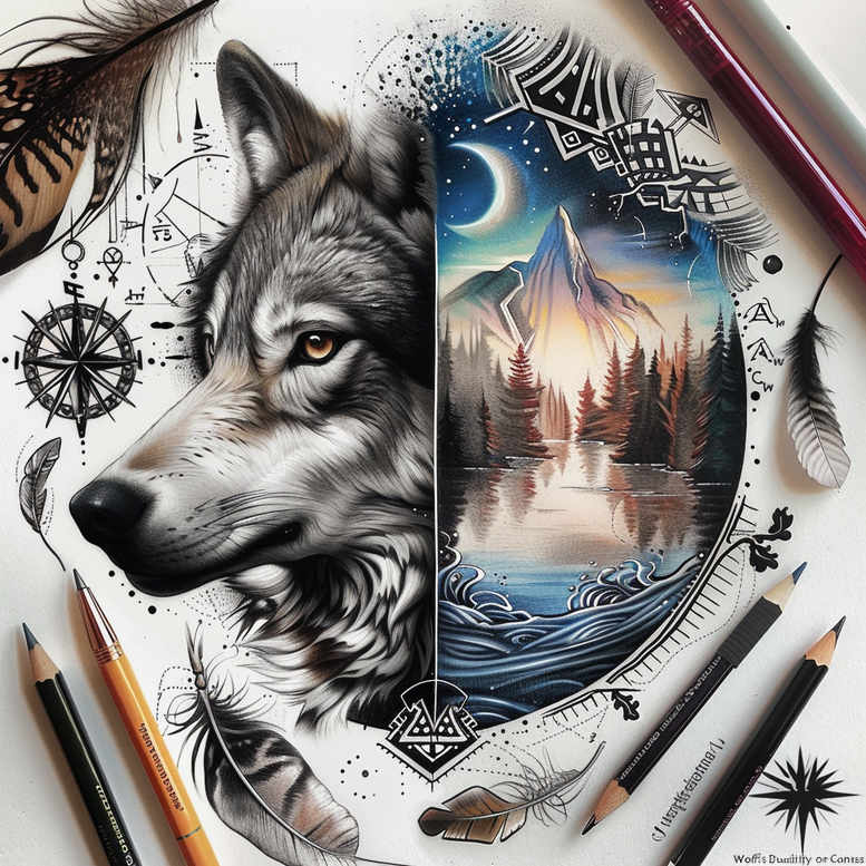 Black and grey tattoo design featuring a realistic wolf head beside a shield with mountains, moon, trees, lake, and compass rose; project idea, suitable for cover-up.