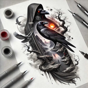 crow-messenger-skin-texture-for-arm – tattoo design ideas free ai generated – Gallery: crows-and-ravens-inkby-ai
