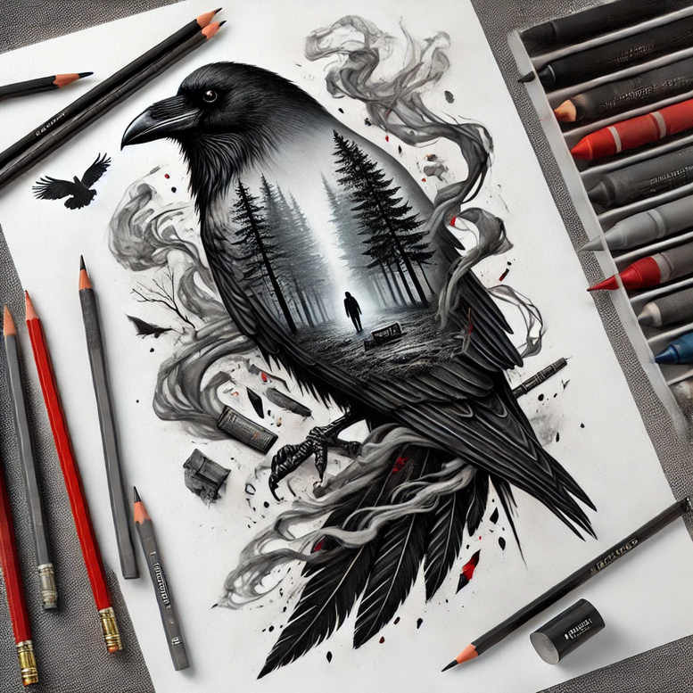 crows-and-ravens tattoo design ideas Surrealism unreal wing feathers for lower leg