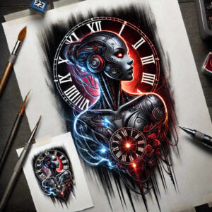 Cybernetic female robot with blue and red neon highlights, black and grey machinery, clock faces around the head and chest, roses and wires; full color tattoo idea; cover-up.