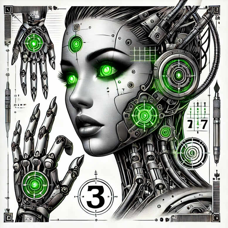 Face of a cyborg with a robotic hand, circuit patterns, gears, and wires in black and grey with neon green highlights; AI-generated tattoo project; cover-up ready.