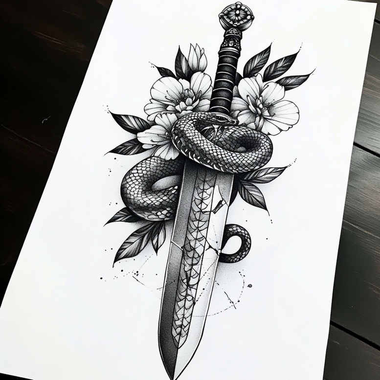 Dagger, snake, flowers, and leaves in black and grey; tattoo design project; cover-up suitable.