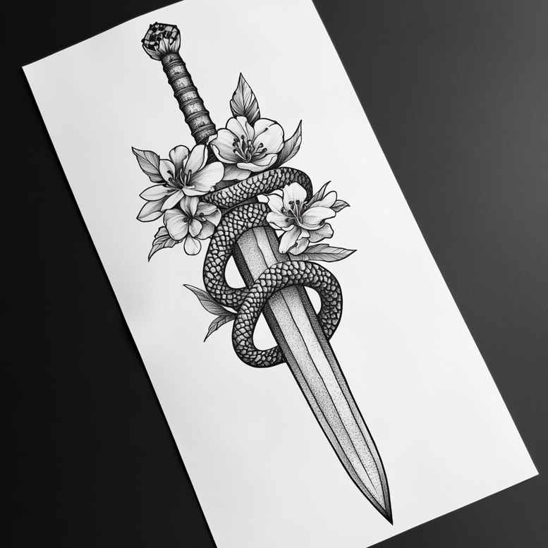 Dagger, snake, and flowers in black and grey linework; a tattoo design concept for a cover-up project.