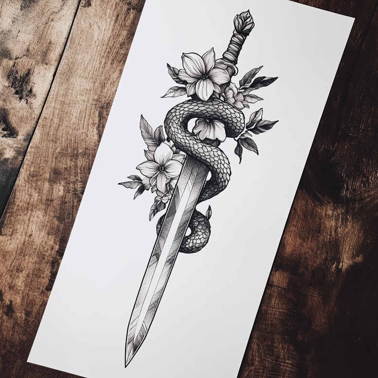 Black and grey dagger with a coiled snake and flower blossoms; pattern tattoo design idea; suitable for cover-up.