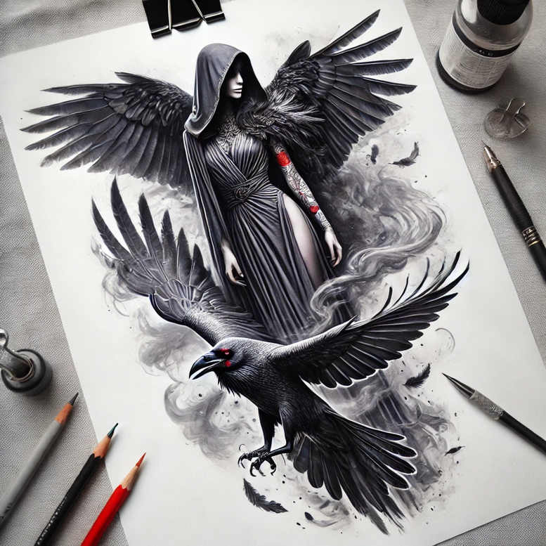 Woman in hooded cloak with black wings, crow in foreground, and swirling smoke in black and grey; cover-up-ready tattoo project.