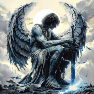 Angel with blue-grey wings kneeling beside a sword, black and grey tones, AI-generated tattoo project, suitable for a cover-up.