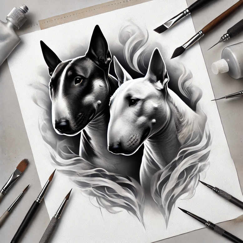 Two black and grey horse head sketches on paper surrounded by drawing tools, a project concept for a cover-up tattoo design.