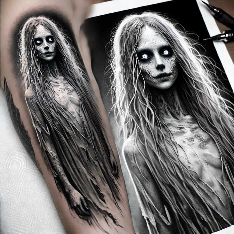 Woman in black and grey Morana-inspired tattoo design featuring a pale, long-haired figure with a fur cloak; monochrome realism; project concept; perfect for cover-up.