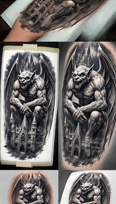 Black and grey gargoyle with wings perched above a Gothic castle; tattoo idea for a cover-up.