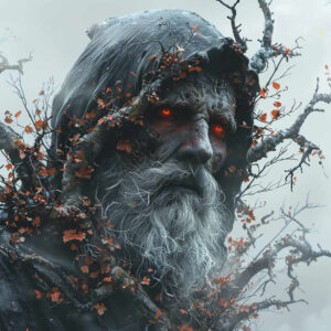 Face, beard, hood, branch, leaf, eye, tree in a black and grey scene with orange leaves and red eyes; AI-generated tattoo project, cover-up suitable.