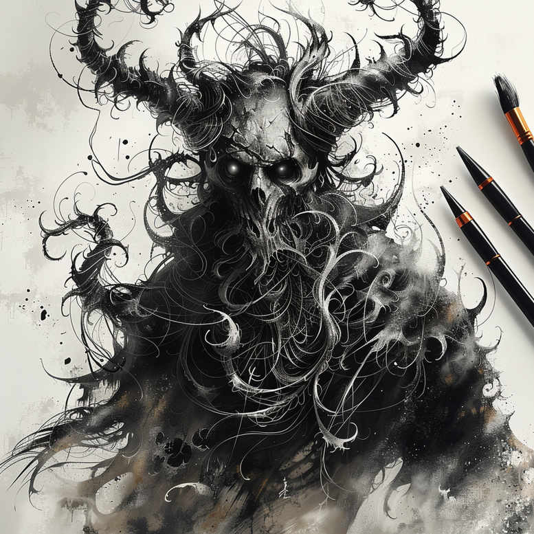 Leshy forest spirit tattoo in black and grey tones with a horned silhouette and swirling smoky tendrils; project idea, perfect for cover-up.