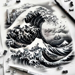 Black and grey Japanese wave tattoo design featuring a towering crest, a sailing boat, and Mount Fuji; a tattoo project idea, ideal for a cover-up pattern.