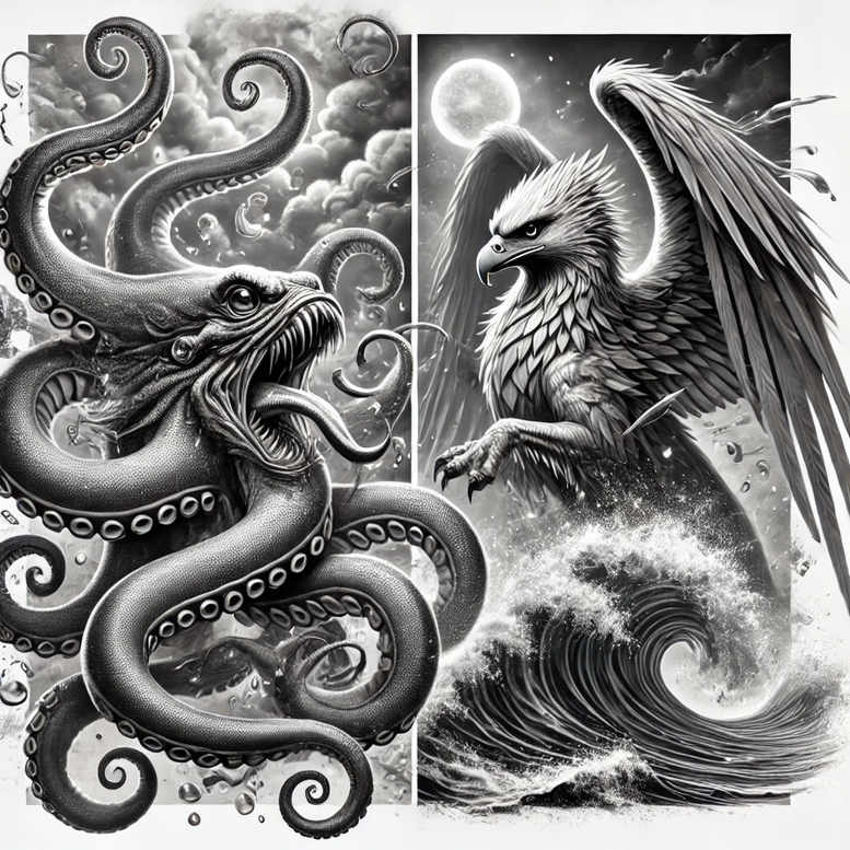 Octopus, eagle, wave, and cloud in black and grey; AI-generated tattoo project; suitable for cover-up.