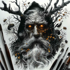 Face of a hooded, bearded elder with glowing amber eye, tangled branches and leaves, and paintbrushes; black-and-grey tattoo concept; AI-generated tattoo; ideal cover-up.
