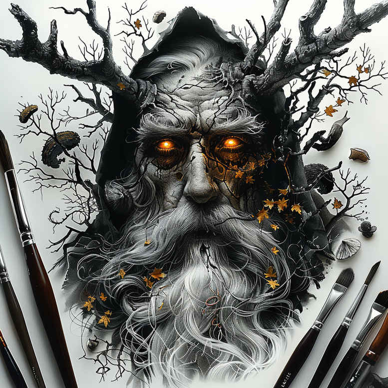 Black and grey Leshy forest guardian portrait with branch crown and glowing amber eye, AI-generated concept, perfect cover-up.