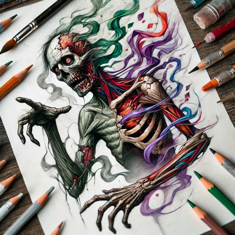 Skeleton, ribs, muscles, color ribbons, and smoky swirls; black and grey palette; tattoo project; cover-up suitable.