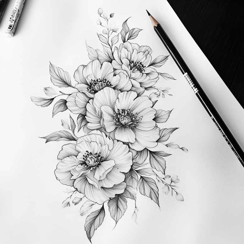 calm-design – tattoo design ideas free ai generated – iconic – for-thigh – Gallery: delicate-flowers-inkby-ai