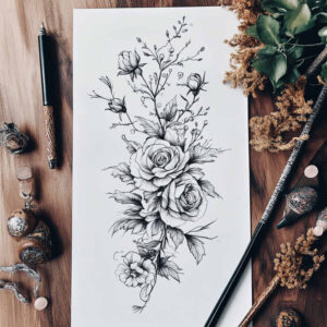 calm-design – tattoo design ideas free ai generated – tiny-motif – for-lower-thigh – Gallery: delicate-flowers-inkby-ai