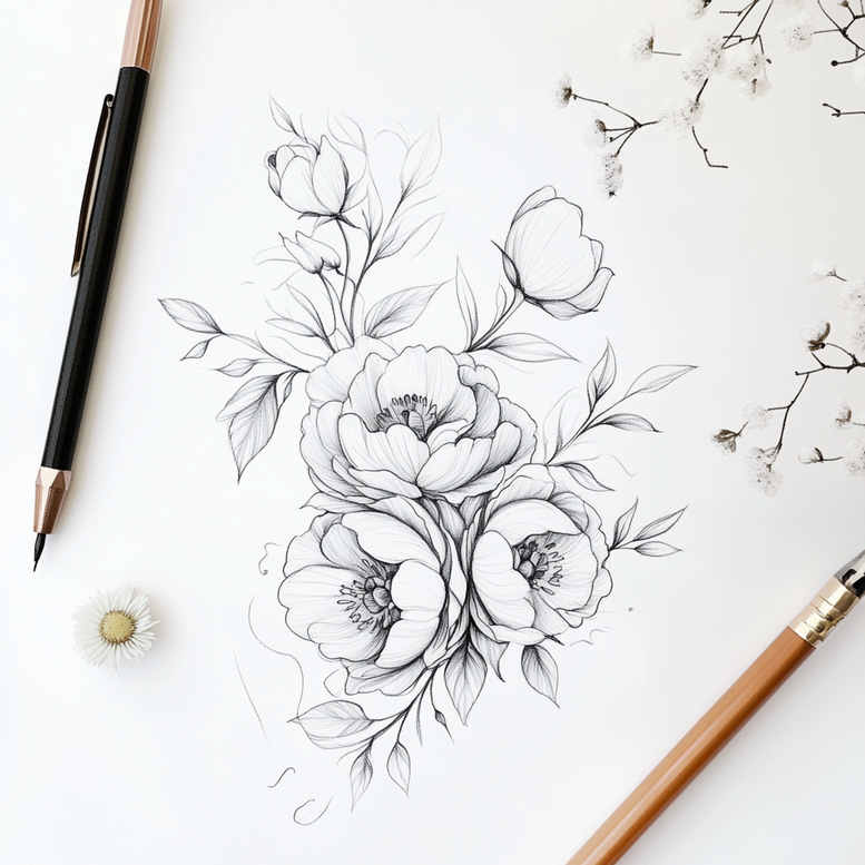 fine-line – tattoo design ideas free ai generated – diminutive – for-shoulder – Gallery: delicate-flowers-inkby-ai