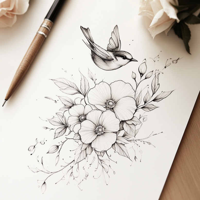 floral-form – tattoo design ideas free ai generated – outline-only – for-outer-arm – Gallery: delicate-flowers-inkby-ai