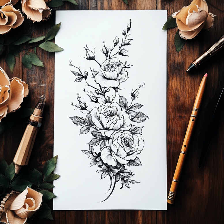 floral-shadow – tattoo design ideas free ai generated – clean-stroke – for-lower-chest – Gallery: delicate-flowers-inkby-ai