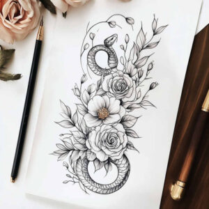 natural-pattern – tattoo design ideas free ai generated – single-line – for-knee – Gallery: delicate-flowers-inkby-ai