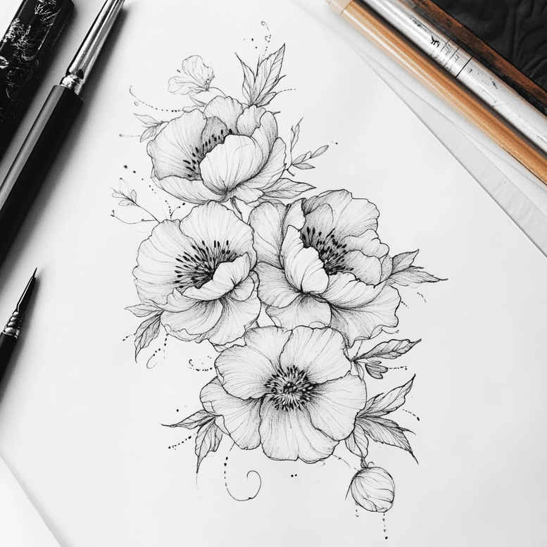 nature-in-tattoo – tattoo design ideas free ai generated – pure-shape – for-side-torso – Gallery: delicate-flowers-inkby-ai