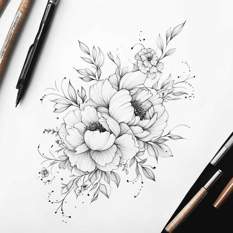 soft-line – tattoo design ideas free ai generated – punctual – for-scapula – Gallery: delicate-flowers-inkby-ai