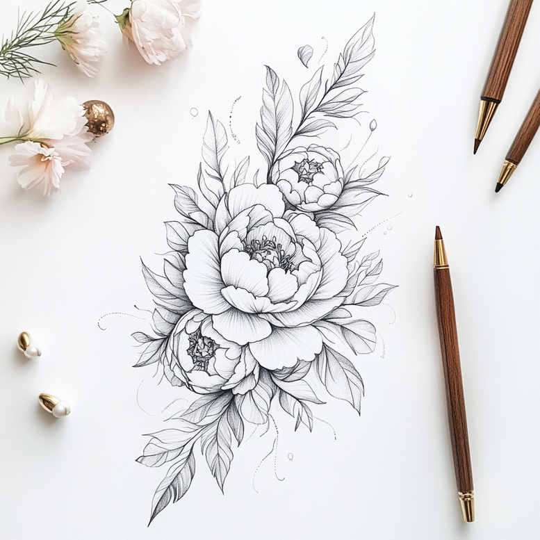 soft-texture – tattoo design ideas free ai generated – micro-line – for-side – Gallery: delicate-flowers-inkby-ai