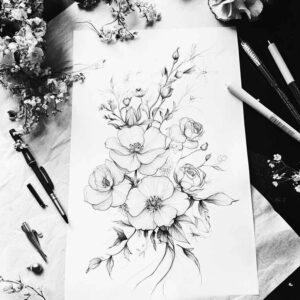 subtle-composition – tattoo design ideas free ai generated – basic – for-thigh – Gallery: delicate-flowers-inkby-ai