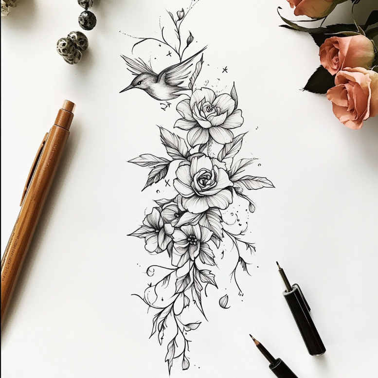 subtle-transitions – tattoo design ideas free ai generated – mini-ink – for-lower-arm – Gallery: delicate-flowers-inkby-ai