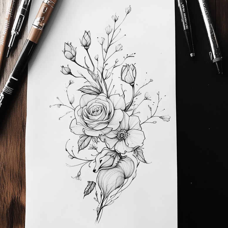 delicate-flowers tattoo design ideas empty space botanical accuracy for lower thigh