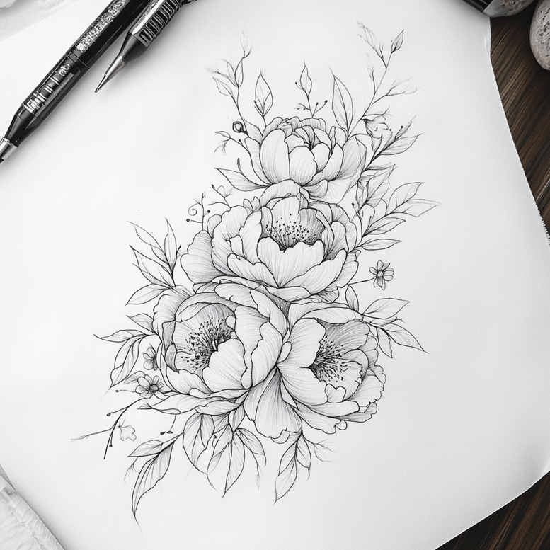 delicate-flowers tattoo design ideas no shading detailed veins for scapula