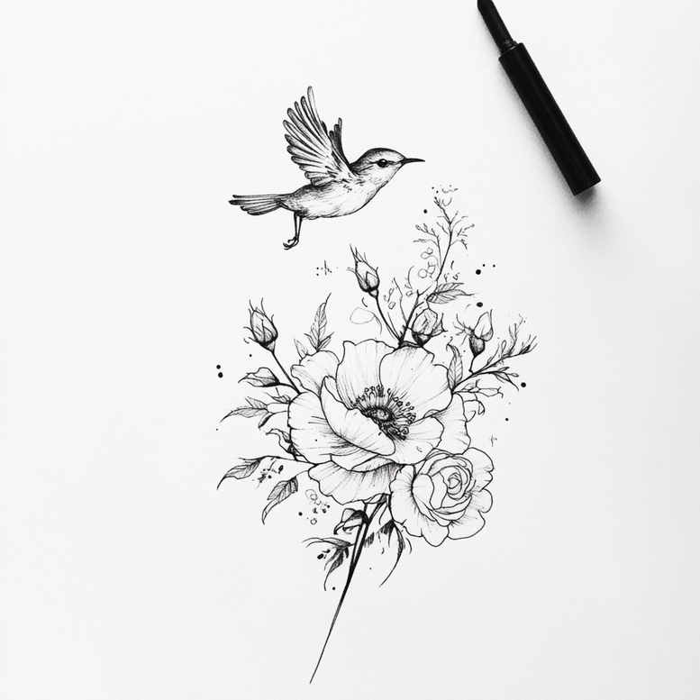 delicate-flowers tattoo design ideas pinprick fine linework for lower thigh