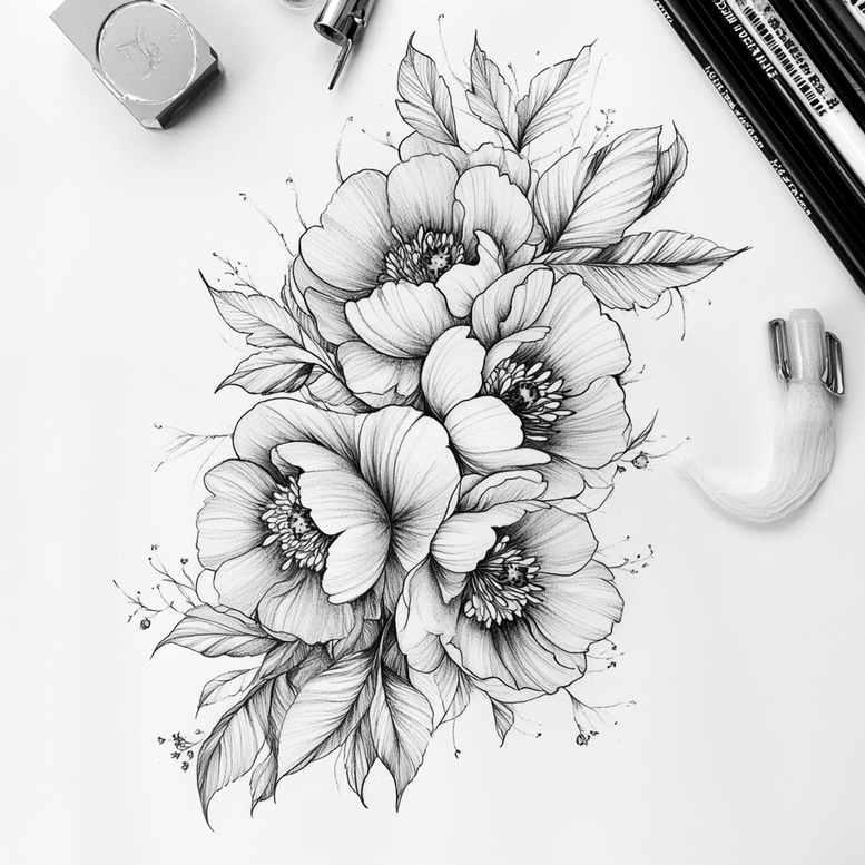 delicate-flowers tattoo design ideas crisp outline harmonious symbolising courage