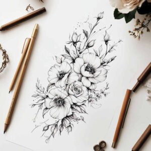 delicate-flowers tattoo design ideas monochrome soft shadows for elbow