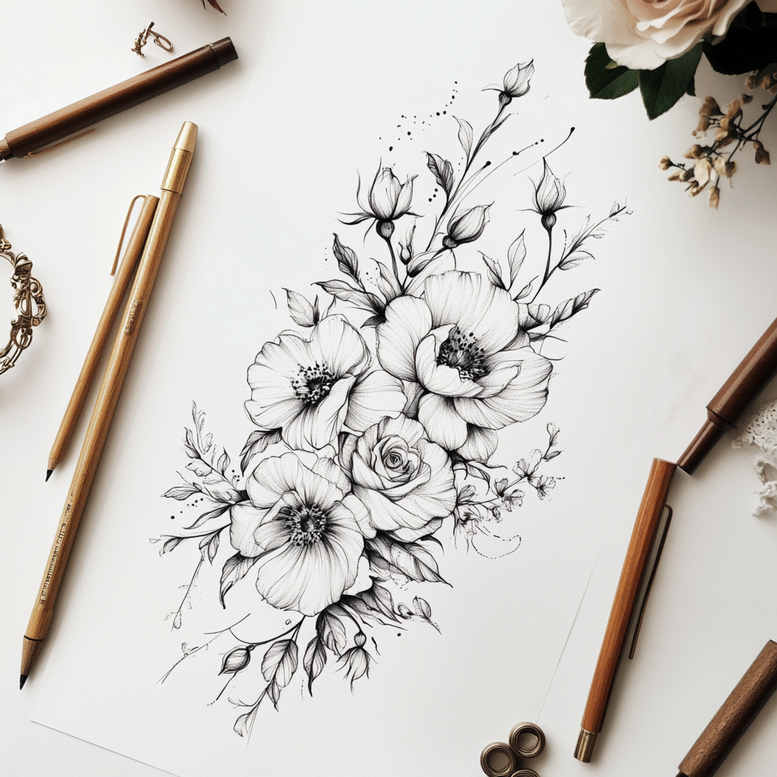 delicate-flowers tattoo design ideas monochrome soft shadows for elbow