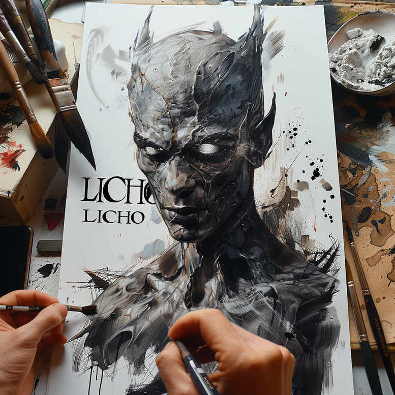 Demon portrait with horns in black and grey on a sheet of paper; brushes, ink, and palette nearby; tattoo project idea; cover-up suitable.