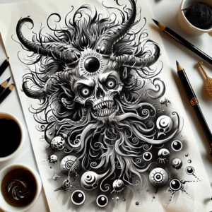 sinister-demon – tattoo design ideas free ai generated – neotraditional-dynamic-color – for-sternum – Gallery: demons-inkby-ai