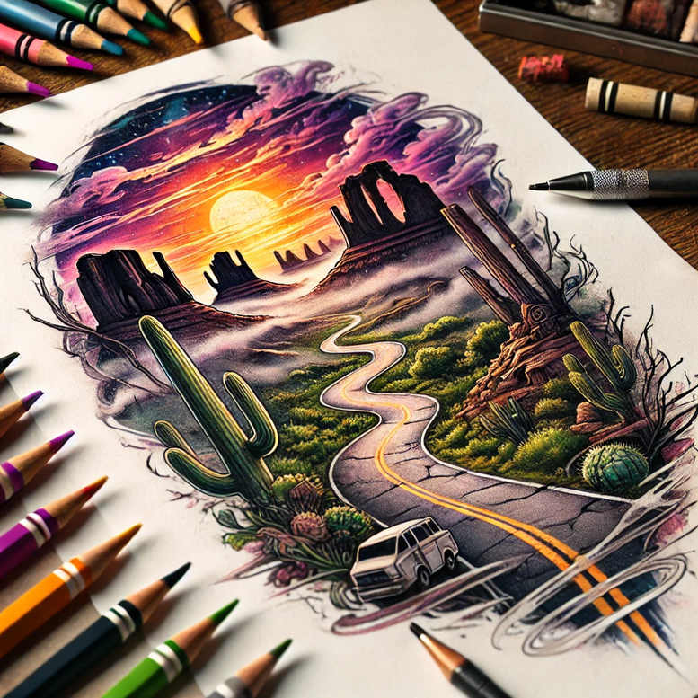 Desert sunset roadscape with a winding yellow road, green cacti, and distant rock formations in vibrant color; a tattoo design concept, not specifically for cover-up.