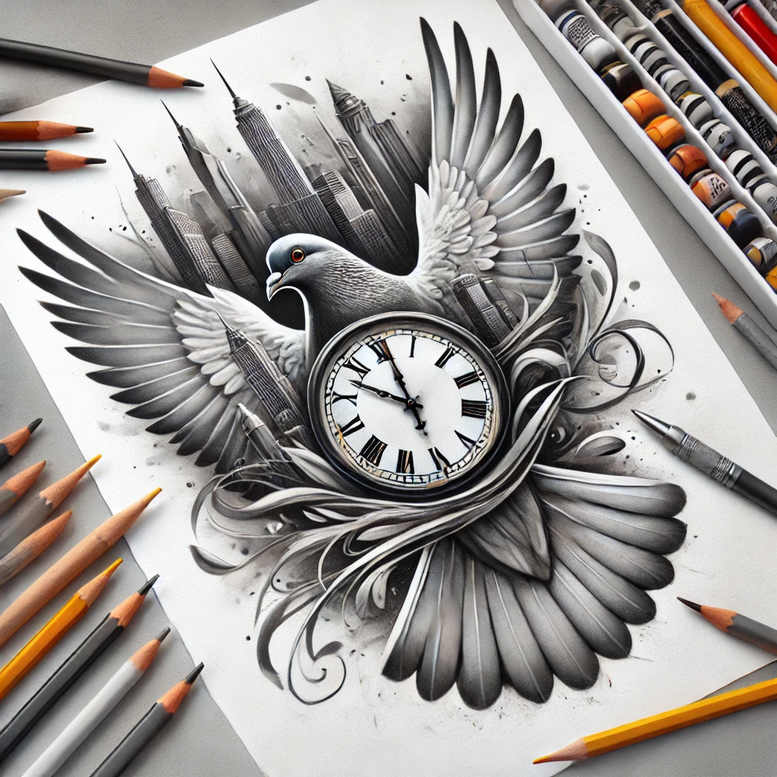 Black and grey tattoo design featuring a central clock with wings and ornamental swirls; inspired by the Holy Spirit (white dove); concept piece, suitable for cover-up.