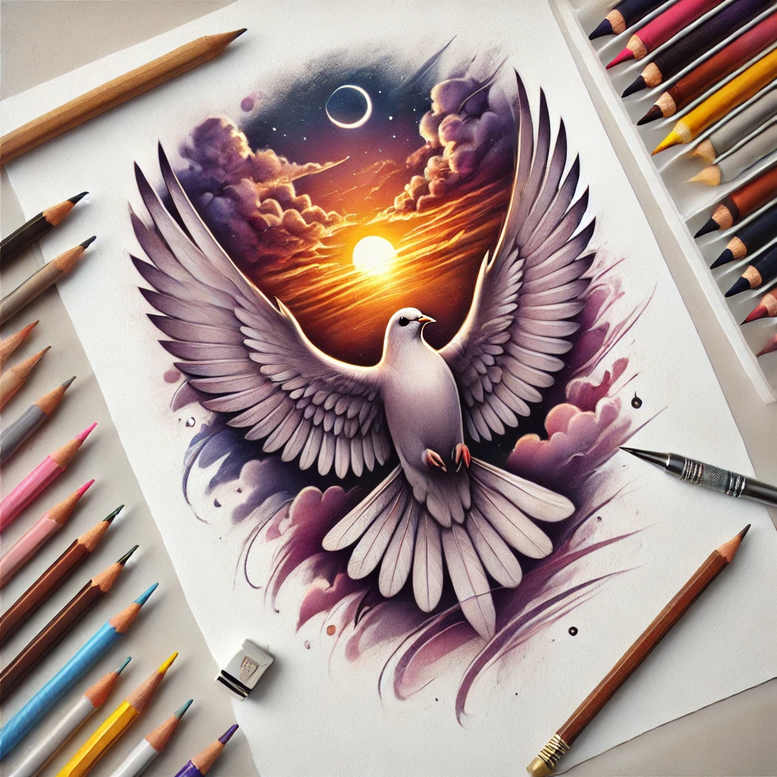 Visible elements: dove, sun, clouds, paper, pencil, pen, eraser; full color; AI-generated tattoo project concept; suitable for a tattoo design (not specifically a cover-up).