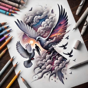 dove-and-sky – tattoo design ideas free ai generated – neotraditional-dynamic-color – for-back – Gallery: doves-inkby-ai
